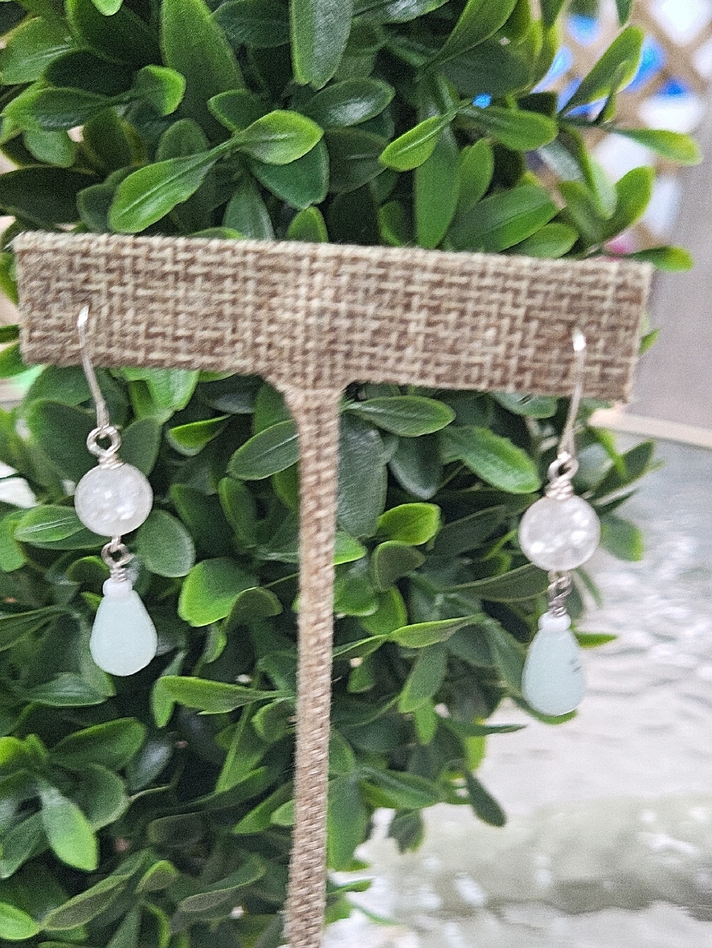 Amazonite  Mint Teardrop and Crackled Glass Dangle Earrings - Women Jewelry